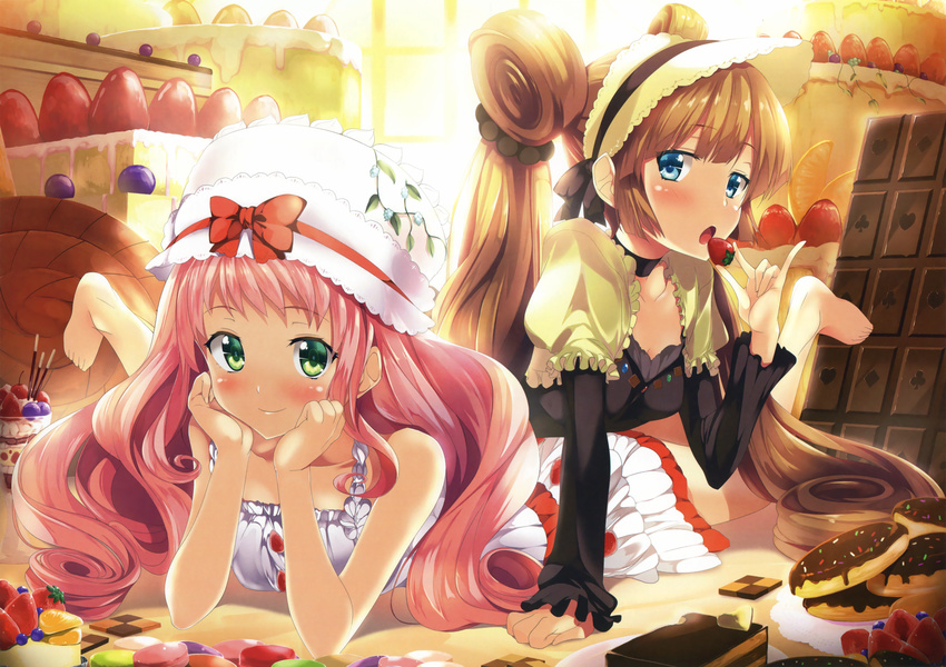 :o absurdres arm_support barefoot blue_eyes blueberry blush bonnet brown_hair cake checkerboard_cookie chin_rest chocolate chocolate_bar choker closed_mouth club_(shape) collarbone cookie diamond_(shape) doughnut dress eating food food_themed_clothes fruit gintarou_(kurousagi108) green_eyes hat heart highres holding holding_food holding_fruit icing legs_up long_hair long_sleeves looking_at_viewer lying multiple_girls on_stomach open_mouth original oversized_object parfait pink_hair scan sleeveless sleeveless_dress smile spade_(shape) sprinkles strawberry sweets twintails white_dress