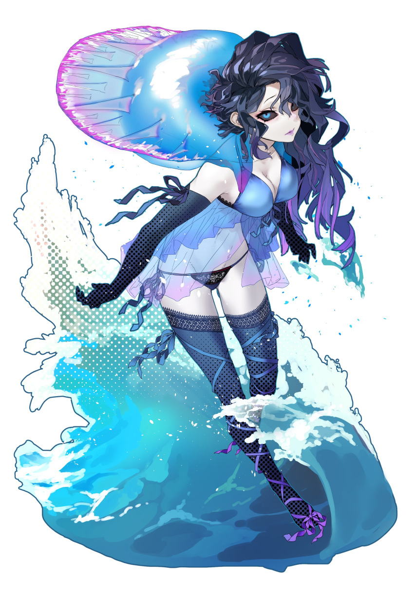 1girl absurdres babydoll black_hair black_sclera blue_eyes blue_gloves blue_legwear blue_panties blue_ribbon breasts cleavage elbow_gloves expressionless full_body gloves gradient_hair highres leaning_forward leg_ribbon lips long_hair medium_breasts multicolored_hair original pale_skin panties personification portuguese_man_o'_war purple_hair purple_lips purple_ribbon reiga_(act000) ribbon see-through simple_background solo splashing thighhighs underwear unmoving_pattern water white_background