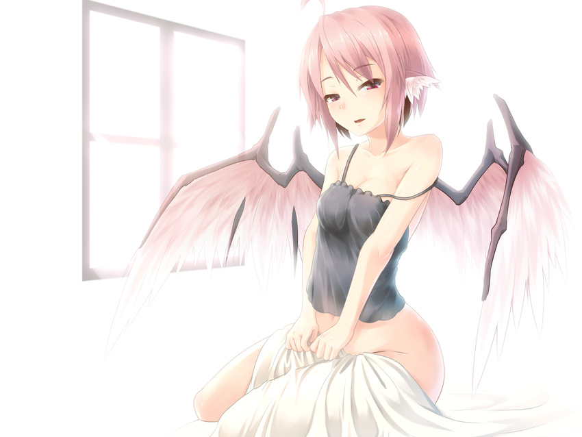 ahoge animal_ears ayagi_daifuku backlighting bare_arms bare_shoulders bird_wings blanket bottomless breasts chemise cleavage collarbone looking_at_viewer medium_breasts mystia_lorelei naked_shirt off_shoulder open_mouth pink_eyes pink_hair shirt sitting solo strap_slip touhou v_arms waking_up window wings