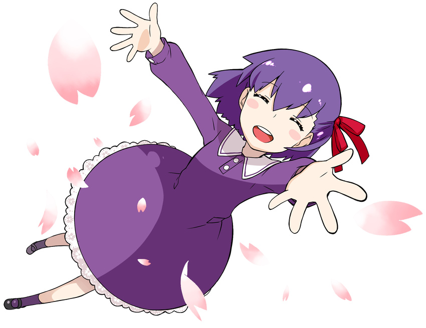 ^_^ blush_stickers capsule_servant closed_eyes dress fate/zero fate_(series) full_body highres matou_sakura medori official_art outstretched_arms petals purple_dress purple_hair short_hair solo transparent_background