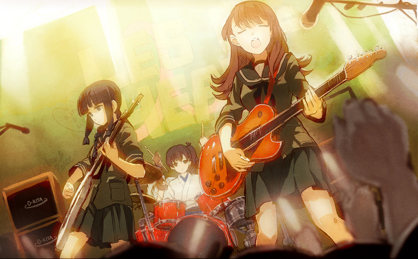 amplifier band bangs black_eyes black_hair blunt_bangs brown_hair closed_eyes concert cosmic_(crownclowncosmic) drum drum_set electric_guitar english guitar highres instrument japanese_clothes kaga_(kantai_collection) kantai_collection kitakami_(kantai_collection) microphone multiple_girls music neckerchief ooi_(kantai_collection) playing pleated_skirt sailor_collar school_uniform side_ponytail singing skirt