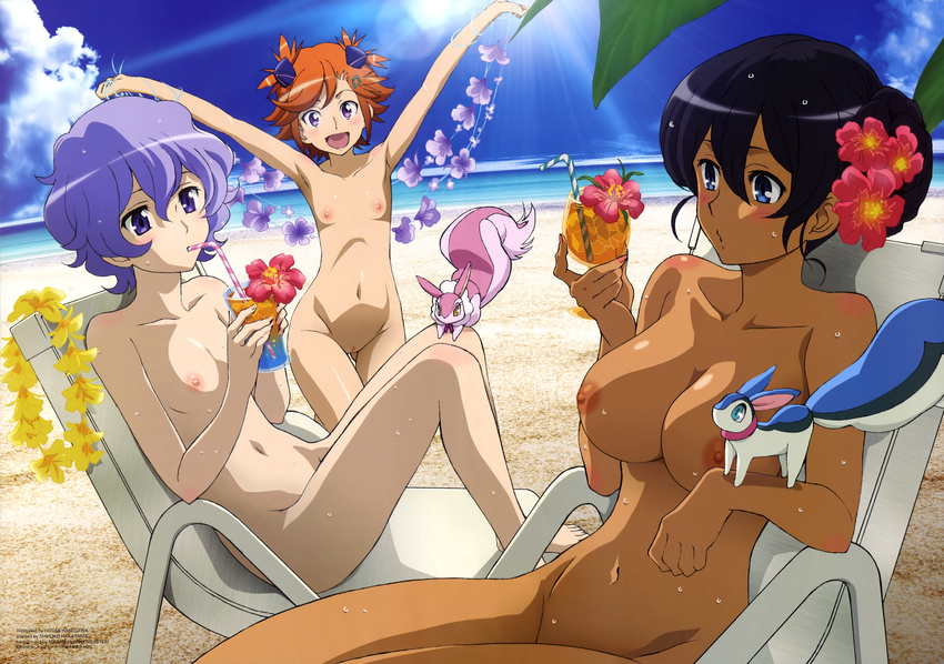 3girls :d absurdres alternate_hairstyle barefoot beach black_hair blue_eyes blush breasts captain_earth chair cloud cup dark_skin drink drinking drinking_glass drinking_straw female flat_chest flower hair_flower hair_ornament hair_up hasegawa_hitomi highres large_breasts lavender_eyes lavender_hair light_rays lounge_chair multiple_girls mutou_hana navel nipples nude nude_filter o3o open_mouth orange_hair photoshop pink_bikini pitz purple_eyes pussy setsuna_(captain_earth) sky small_breasts smile sunbeam sunlight swimsuit uncensored wet yomatsuri_akari