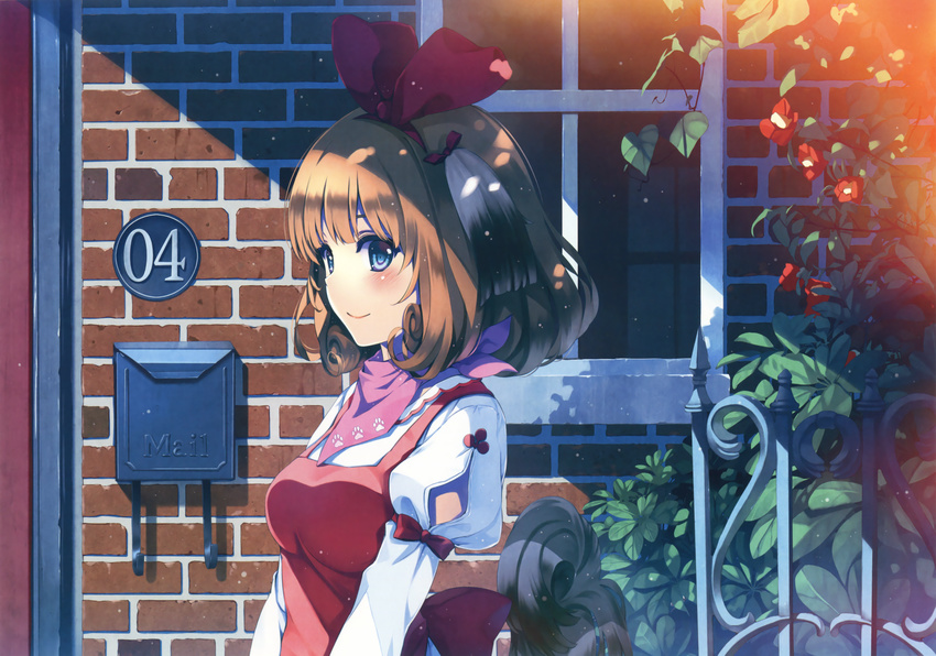 absurdres animal_ears blue_eyes bob_cut brick_wall brown_hair dappled_sunlight dog_ears dog_tail dress hair_ribbon highres mailbox_(incoming_mail) misaki_kurehito paw_print ribbon short_hair solo sunlight tail window