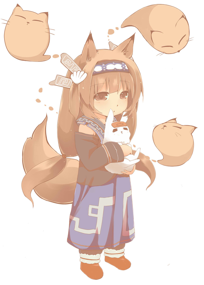 animal_ears brown_eyes brown_hair detached_sleeves fox_ears fox_tail ghost hair_ornament hairband hazuki_ruu highres long_hair long_sleeves original shirt simple_background skirt solo tail very_long_hair white_background