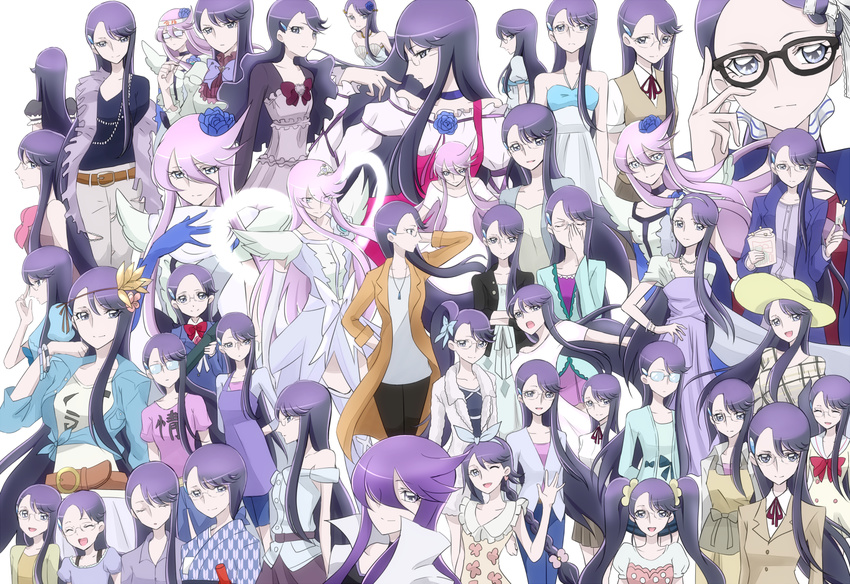 alternate_costume alternate_hairstyle bare_shoulders belt bow bowtie closed_eyes collage costume_chart cure_moonlight cure_moonlight_mirage dress eyelashes fashion glasses hair_ornament hair_ribbon hairclip happy heartcatch_precure! henshin jacket japanese_clothes kimono long_hair looking_at_viewer magical_girl multiple_girls multiple_persona myoudou_gakuen_high_school_uniform open_mouth ponytail precure purple_eyes purple_hair ribbon school_uniform shirt simple_background skirt smile super_silhouette_(heartcatch_precure!) transformation translation_request tsukikage_oyama tsukikage_yuri twintails white_background