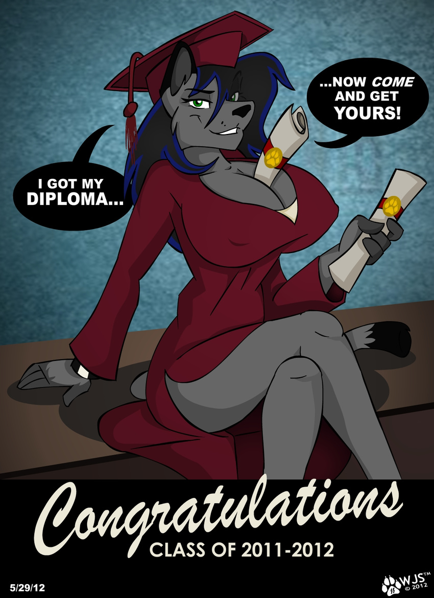 big_breasts breasts cleavage clothed clothing cougar crossed_legs diploma english_text feline female graduation_cap graduation_gown green_eyes hair hi_res looking_at_viewer mammal pawprint scroll sitting solo text wolfjedisamuel