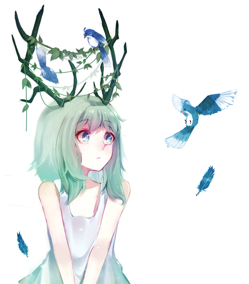antlers bangs bird blue_eyes blue_feathers bluebird dress feathers green_hair gumi highres izumi4195202 leaf plant simple_background solo vines vocaloid white_background