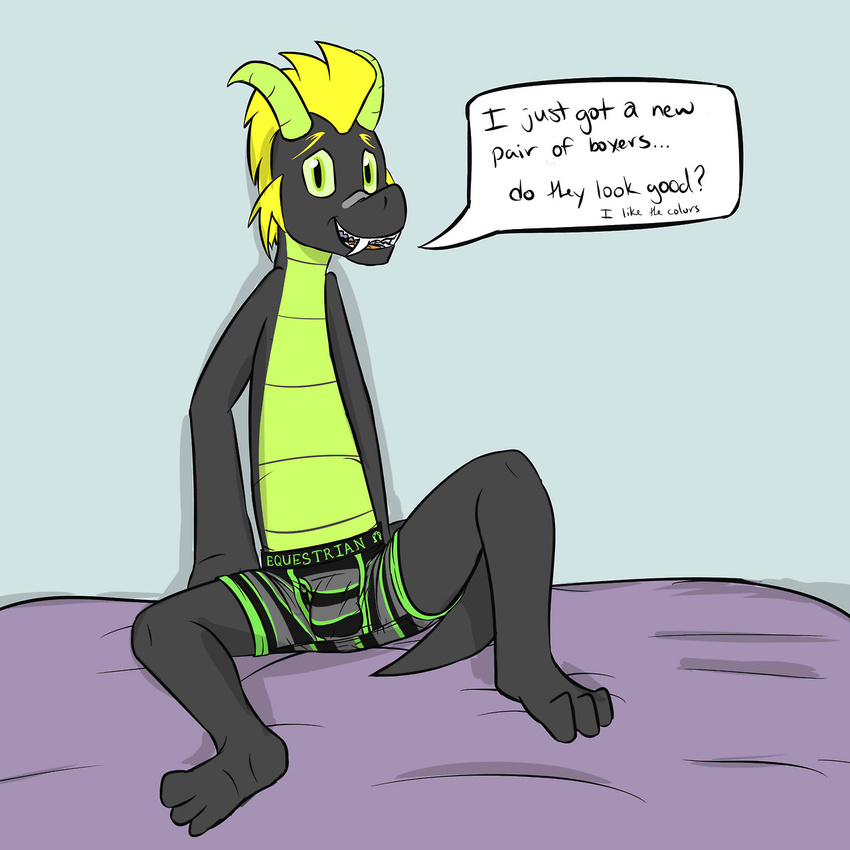 anthro bed black_body black_scales boxers bulge clothed clothing dragon ear_tuft english_text fangs fur fuze fuzedragon gold_hair green_belly green_eyes green_scales hair hi_res horn leaning male mohawk my_little_pony open_mouth original_character scalie sharp_teeth simple_background sitting skimpy solo teeth text tongue tuft underwear