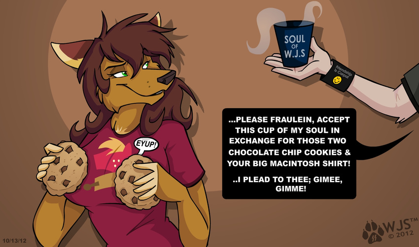 big_macintosh_(mlp) brown_hair canine chocolate_chip_cookie cookie cookie_(character) cup duo english_text equine female friendship_is_magic green_eyes hair horse human mammal my_little_pony pony simple_background smiley)face smiley_face text wolf wolfjedisamuel wristband