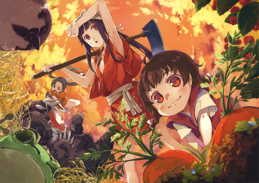 :3 absurdres all_fours arm_up armpits battle bird black_hair blush braid brown_eyes brown_hair carrot cloud field food frog from_below fruit g_yuusuke hair_ribbon highres hoe holding japanese_clothes kimono long_hair multiple_girls open_mouth orange_(color) original outdoors raspberry red_eyes ribbon scan sky standing twin_braids twintails white_ribbon