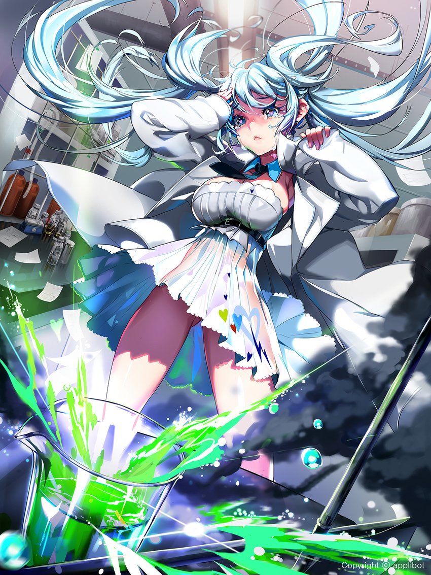 accident belt blue_eyes blue_hair breasts chemistry detached_collar dress dutch_angle furyou_michi_~gang_road~ heart heart-shaped_pupils highres imp_(sksalfl132) labcoat laboratory large_breasts long_hair necktie no_panties official_art see-through solo symbol-shaped_pupils tears white_dress