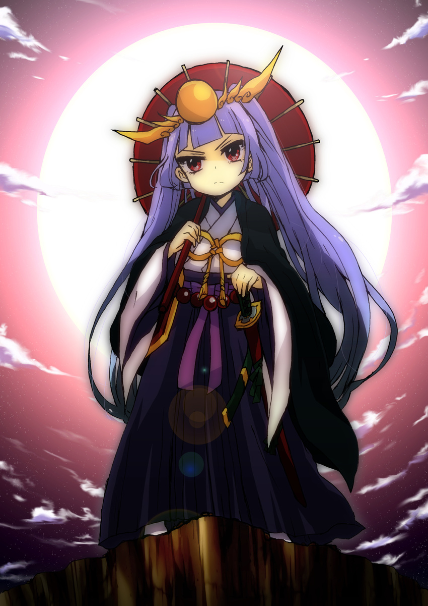 absurdres androgynous bangs beads blunt_bangs bow cloud coat frown full_moon haori headpiece highres japanese_clothes katana kimono long_hair long_sleeves moon oriental_umbrella outdoors pikomarie purple_bow purple_hair puzzle_&amp;_dragons red_eyes ribbon sky solo star sword twintails umbrella v-shaped_eyebrows weapon yellow_ribbon yomi_(p&amp;d)