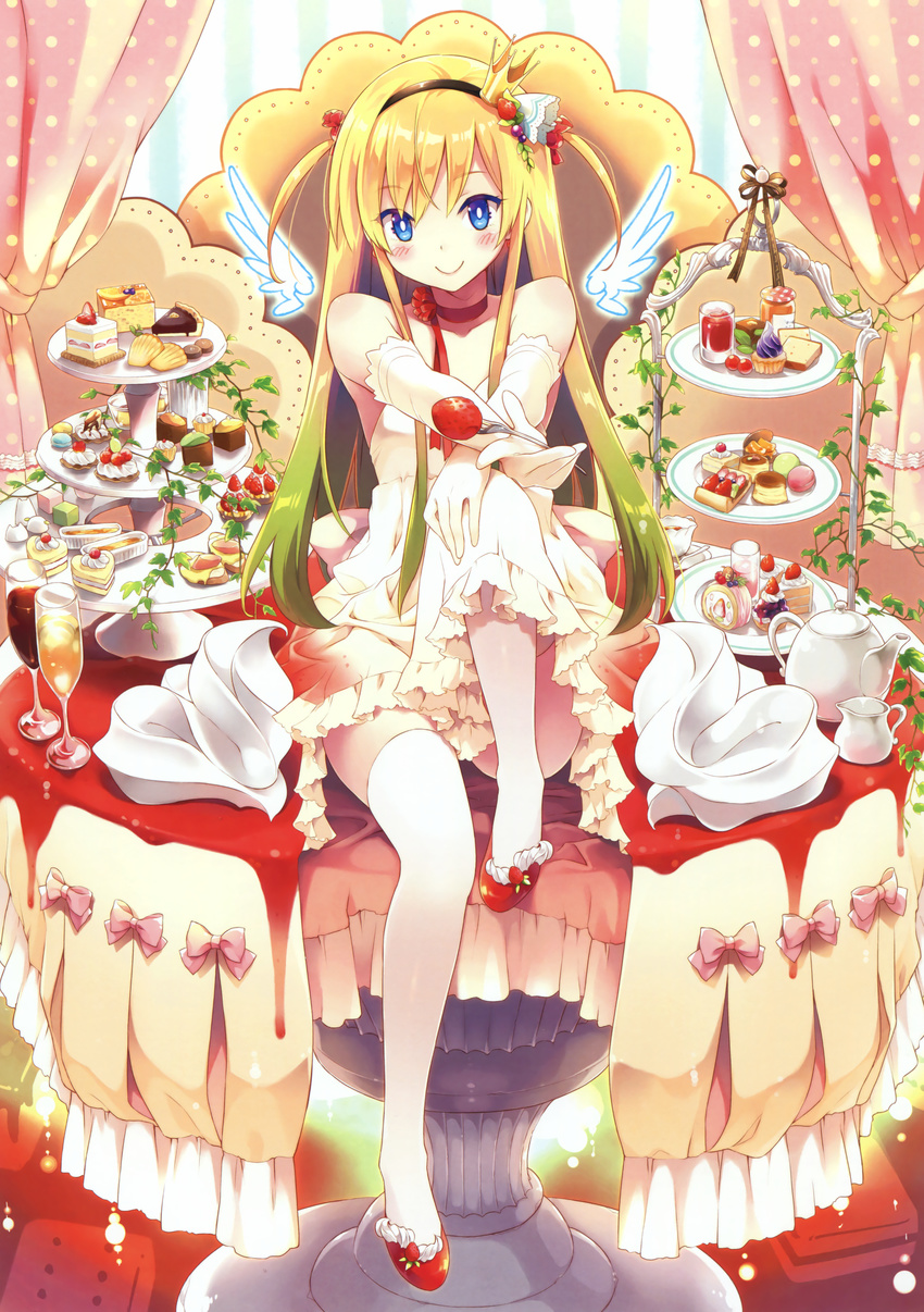 absurdres bare_shoulders blonde_hair blue_eyes blush bright_pupils cake choker copyright_request crown cup detached_wings dress drinking_glass elbow_gloves eretto flower food food_themed_hair_ornament food_themed_ornament fork fruit gloves hair_flower hair_ornament hairband highres leg_up mini_crown ribbon_choker scan sidelocks sitting smile solo strawberry strawberry_hair_ornament thighhighs tray two_side_up white_dress white_gloves white_legwear white_pupils wine_glass wings