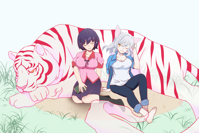 2girls ;3 animal_ears bakemonogatari barefoot black_hair black_hanekawa book cat_ears commentary_request eyebrows_visible_through_hair eyes_closed fooring hair_ornament hairclip hanekawa_tsubasa kako_(monogatari) monogatari_(series) multiple_girls pants puffy_short_sleeves puffy_sleeves school_uniform short_hair short_sleeves sitting smile tiger white_hair yokozuwari