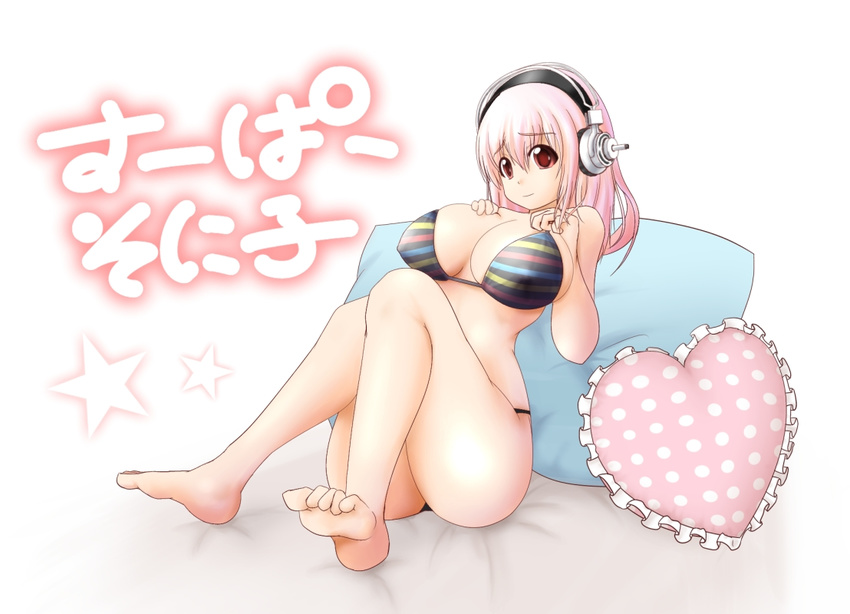 barefoot bikini breast_hold breasts curvy feet headphones heart large_breasts long_hair nervous nitroplus pillow pink_hair red_eyes smile solo star super_sonico swimsuit tonky