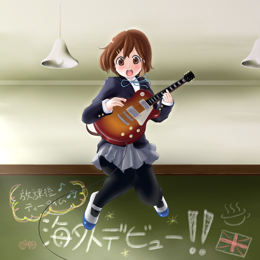 :d black_legwear blush brown_eyes brown_hair electric_guitar formal guitar hair_ornament hairclip highres hirasawa_yui instrument jumping k-on! k-on!_movie legs long_sleeves mary_janes miniskirt open_mouth pantyhose plump ribbon round_teeth shoes skirt smile solo suit teeth tonky