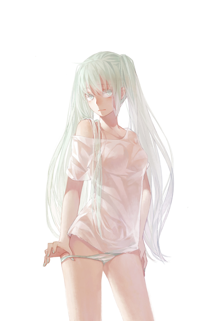 absurdres green_eyes green_hair hatsune_miku highres long_hair momozi_(mkingnight) no_pants off_shoulder panties solo striped striped_panties twintails underwear vocaloid white_background