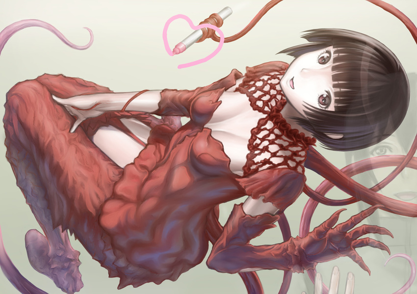 1girl alien bangs black_hair blunt_bangs bob_cut breasts brown_eyes claws cleavage drawing gauna gauna_491 happy heart kyodairobo looking_at_viewer marker medium_breasts monster_girl placenta_(sidonia_no_kishi) red_eyes reflection sidonia_no_kishi smile tanikaze_nagate tentacles