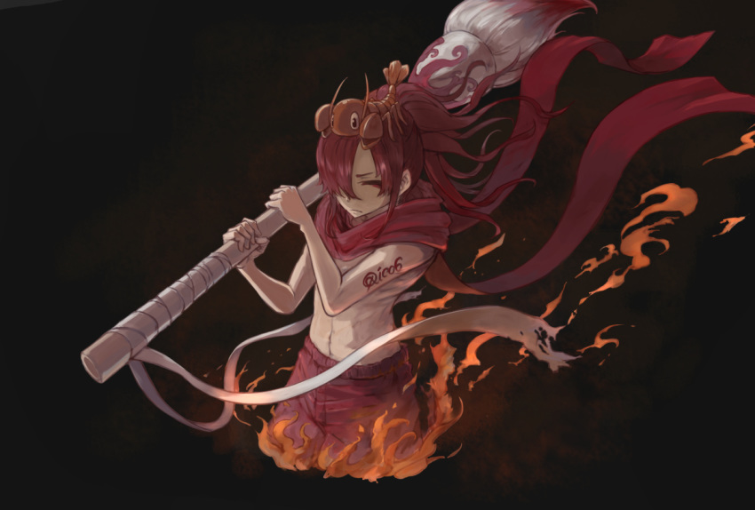 1boy artist_name bangs black_background copyright_request fire hair_over_one_eye holding holding_paintbrush ico6 lobster_hair_ornament long_hair male_focus navel over_shoulder paintbrush pants parted_bangs red_eyes red_hair red_scarf scarf simple_background solo standing