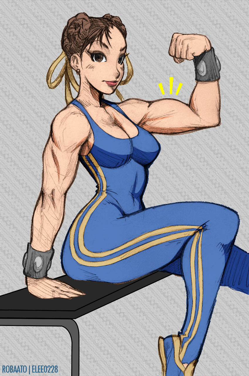 alternate_costume braid breasts brown_eyes brown_hair chun-li cleavage collaboration colorized double_bun earrings elee0228 flexing highres jewelry large_breasts lips muscle muscular_female pose robert_porter shoes short_hair sitting smile sneakers solo street_fighter street_fighter_zero_(series) stud_earrings studded_bracelet twin_braids unitard