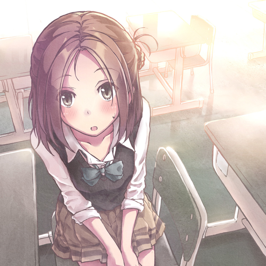 brown_eyes brown_hair chair faux_traditional_media fujimiya_kaori hair_bun highres isshuukan_friends looking_at_viewer looking_up morigami_(morigami_no_yashiro) open_mouth pleated_skirt school_uniform short_hair sitting skirt solo sweat