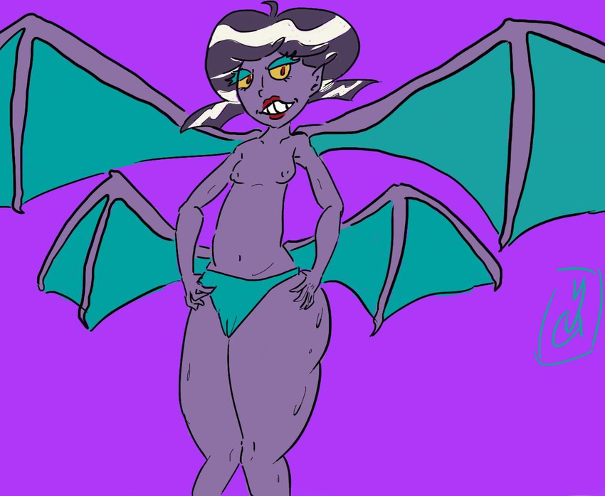 2014 anthro breasts chubby crobat female looking_at_viewer nintendo nipples nude plain_background pok&eacute;mon red_eyes small_breasts smile solo thighs video_games wings yugklabs