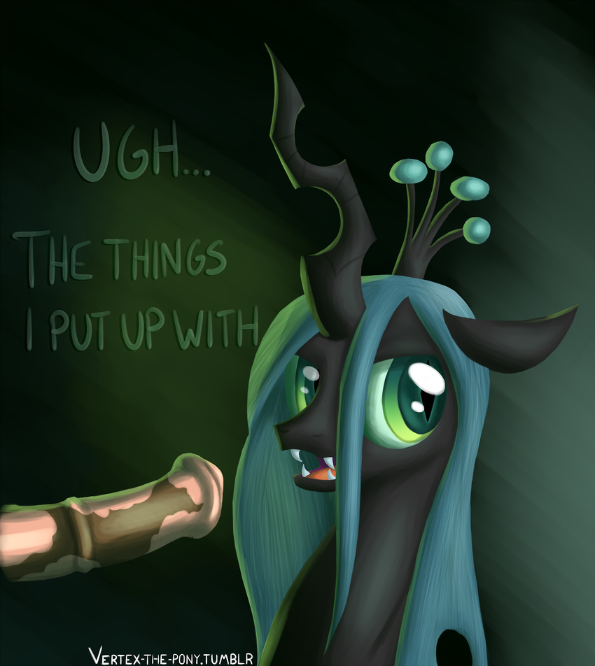 animal_genitalia changeling crown dialog duo english_text erection fangs female feral friendship_is_magic green_eyes hair hi_res horn horsecock imminent_sex long_hair male my_little_pony open_mouth penis queen_chrysalis_(mlp) slit_pupils solo_focus text vertex-the-pony