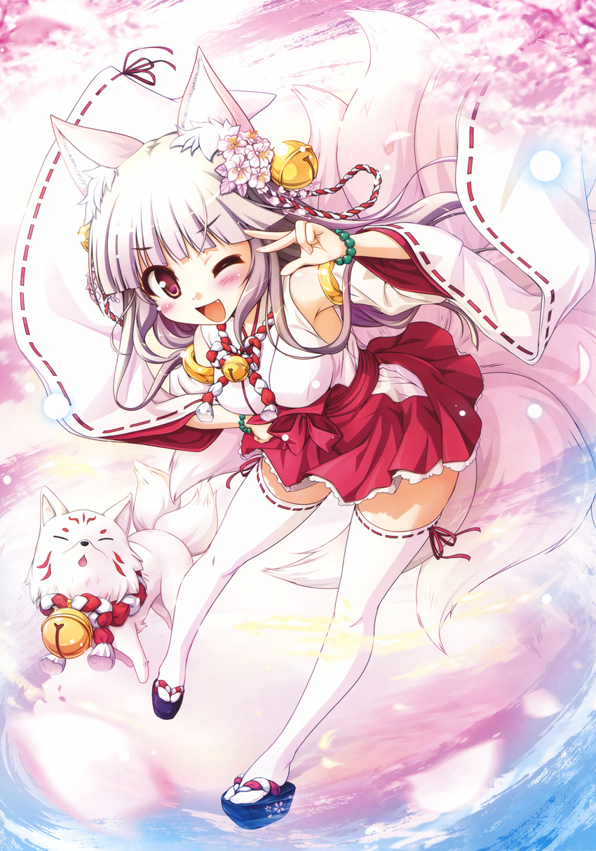 ;d absurdres animal_ears bekkankou bell blush breasts detached_sleeves fang fox fox_ears fox_tail grey_hair hair_bell hair_ornament hakama_skirt highres japanese_clothes kouhaku_nawa medium_breasts multiple_tails nontraditional_miko one_eye_closed open_mouth original purple_eyes ribbon-trimmed_legwear ribbon-trimmed_sleeves ribbon_trim skirt smile tail thighhighs v v_over_eye wallpaper white_legwear