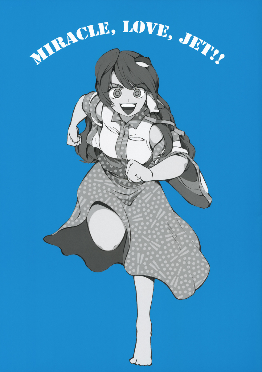 barefoot crazy_eyes detached_sleeves doujinshi english frog_hair_ornament fuantei full_body hair_ornament highres kochiya_sanae long_hair monochrome running simple_background solo touhou
