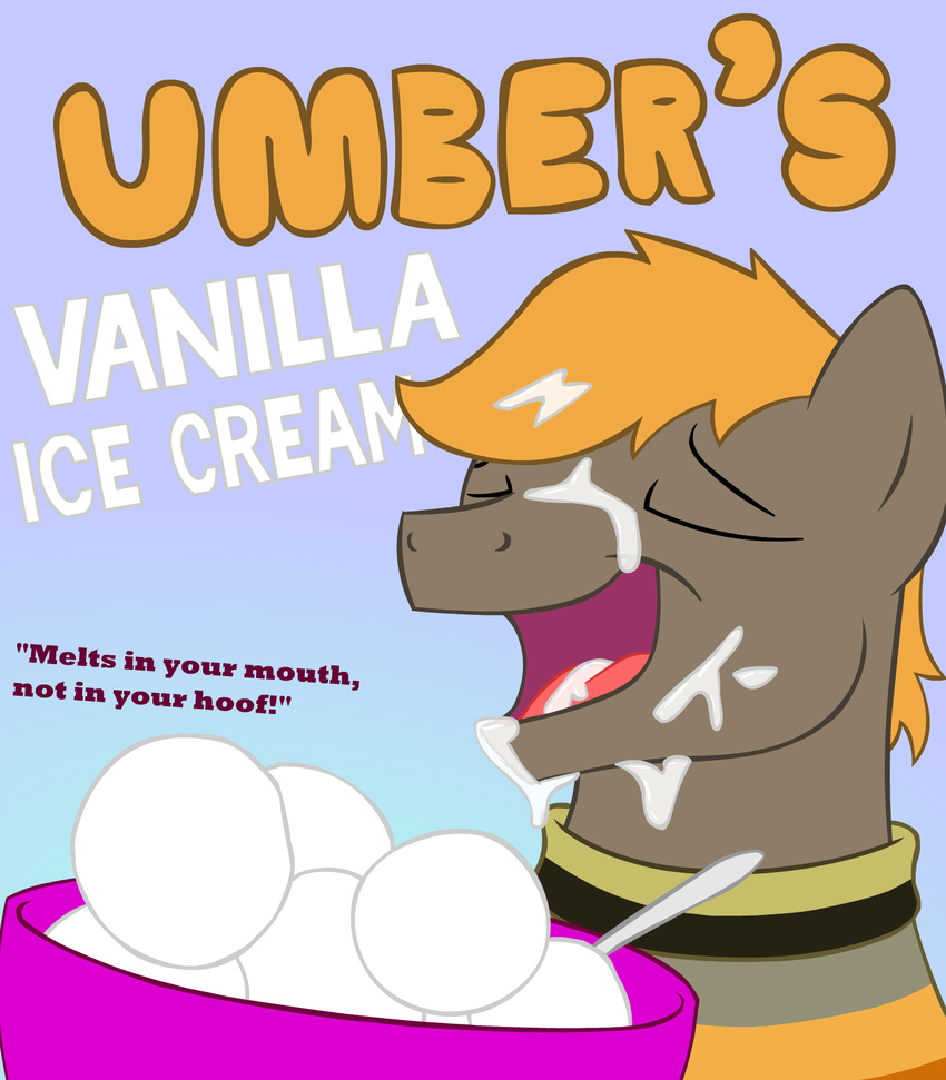 bowl brown_fur cum cum_in_mouth cum_inside cum_on_face earth_pony eating equine eyes_closed food fur hair happy horse humor ice_cream innuendo male mammal messy my_little_pony orange_hair original_character pony potes solo spoon striped_shirt tongue umber