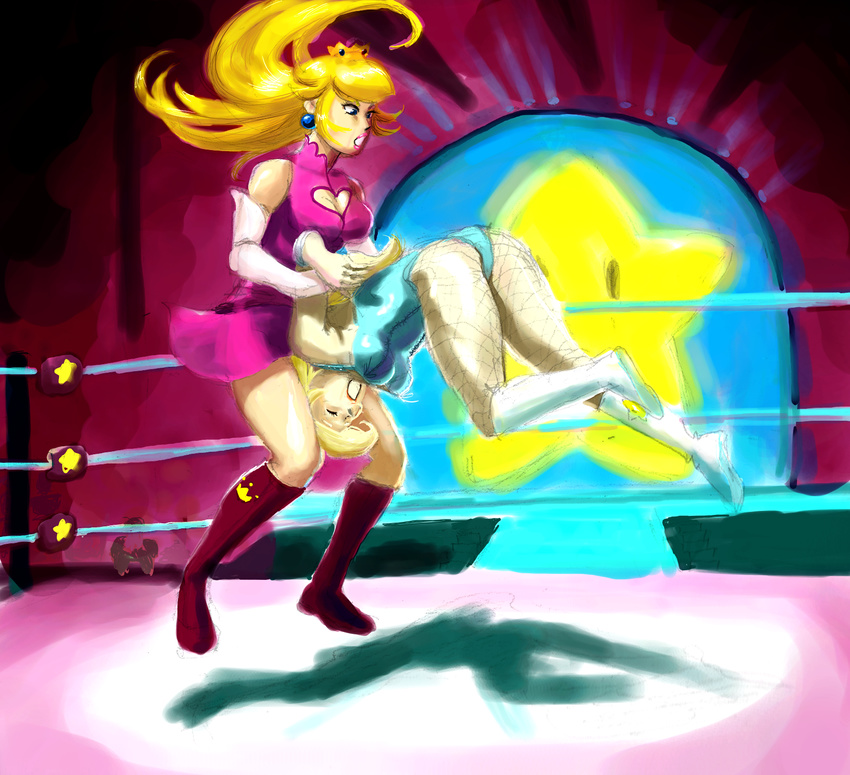 adapted_costume blonde_hair boots breasts cleavage cleavage_cutout crown elbow_gloves fishnets gloves hair_over_one_eye highres knee_boots leotard long_hair mario_(series) mini_crown miss_teaspoon multiple_girls pedigree princess_peach rosetta_(mario) ryona super_mario_bros. white_gloves wrestling wrestling_ring