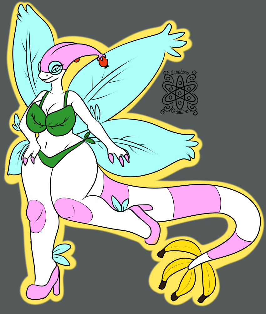 absurd_res anthro banana berry big_breasts blue_nipples breasts claws cleavage clothed clothing dragon fan_character female flygon food footwear fruit hand_on_hip hi_res high_heels huge_breasts hybrid leaf_clothing leaf_wings looking_at_viewer nintendo nipples plant pok&eacute;mon pok&eacute;mon_(species) pok&eacute;morph sapphirus_(artist) shoes smile solo tropius underwear video_games voluptuous white_skin wide_hips wings wispy_flygon