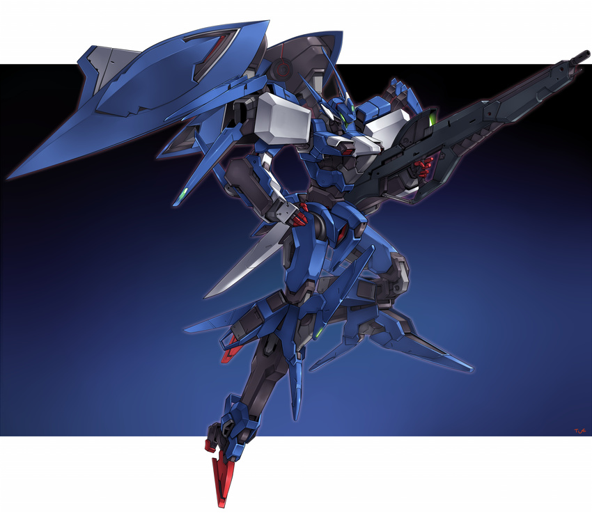 blue_background border character_request energy_weapon ex-ranza ex-ranza_(mecha) full_body gradient gradient_background gun highres holding machinery mecha no_humans ranger_x rifle science_fiction solo vuccha weapon white_border