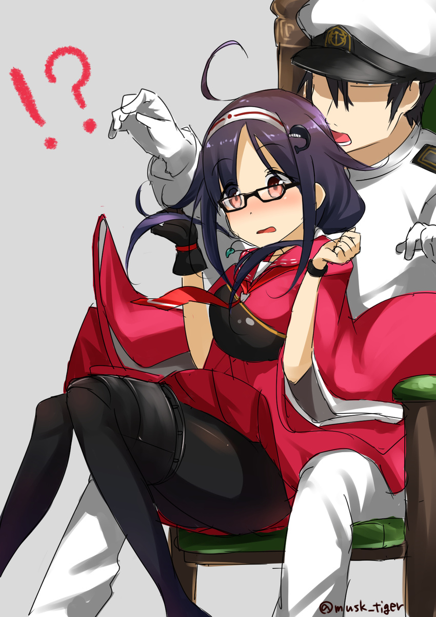 1boy 1girl admiral_(kantai_collection) ahoge bespectacled black-framed_eyewear blush bracelet faceless faceless_male glasses gloves hair_ornament hairband hat highres japanese_clothes jewelry kantai_collection max_melon military muneate necklace pantyhose peaked_cap purple_hair red_eyes ryuuhou_(kantai_collection) single_glove sitting taigei_(kantai_collection) twitter_username whale_hair_ornament