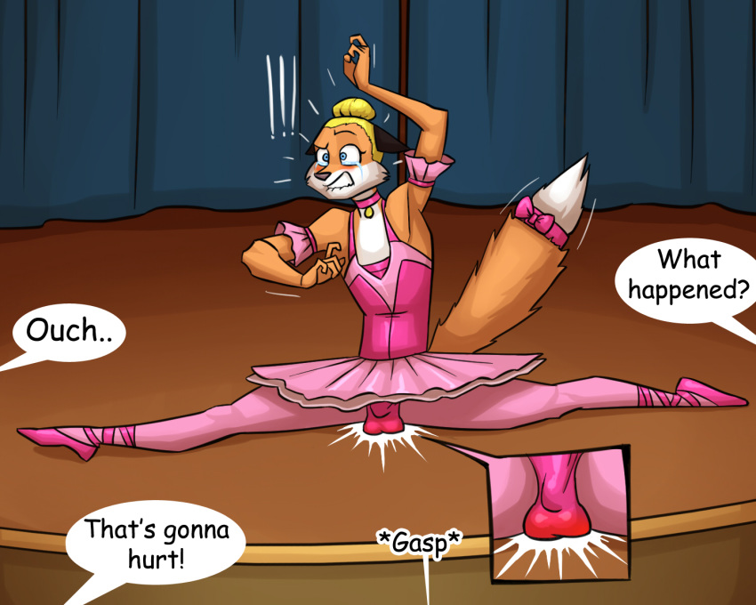 ballbusting ballerina ballet canine clothed clothing cock_and_ball_torture crossdressing fox humor kostos_art mammal ouch pain splits spread_legs spreading tutu