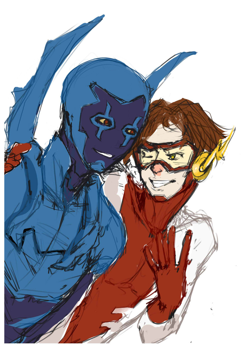 2boys armor bart_allen blue_beetle bodysuit brown_hair dc_comics gloves goggles haggylagman impulse jamie_reyes male_focus multiple_boys power_armor sketch smile yellow_eyes young_justice:_invasion