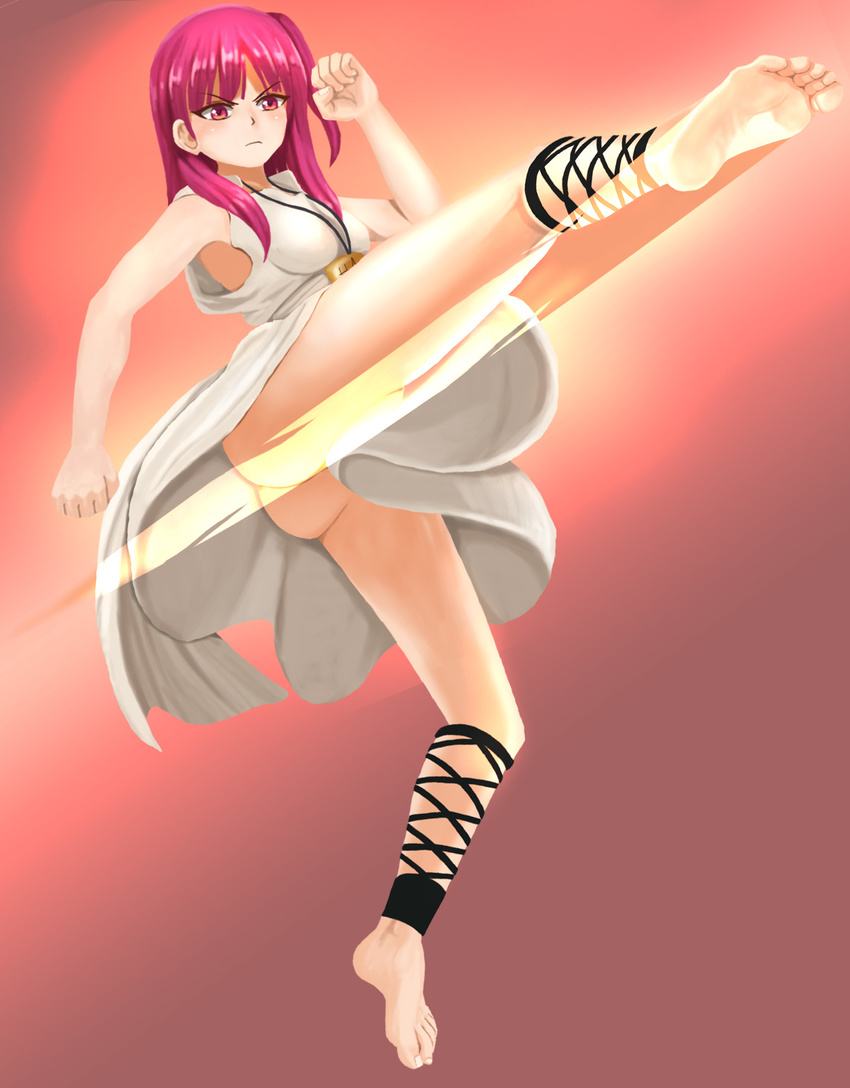 anklet artist_request ass bare_legs barefoot blush breasts clenched_hands dress feet fighting_stance full_body highres jewelry kicking long_hair magi_the_labyrinth_of_magic medium_breasts morgiana necklace no_panties non-web_source one_side_up red_eyes red_hair sideboob soles solo toes