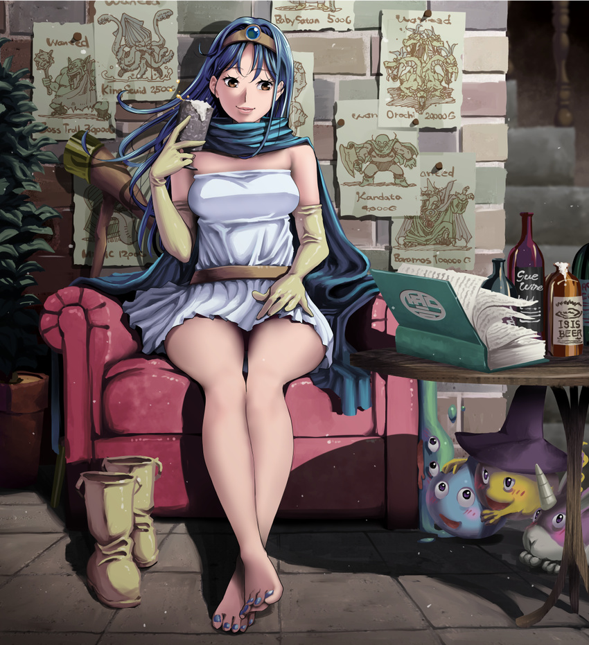 alcohol bare_shoulders barefoot beer blue_hair book boots boots_removed bottle brown_eyes bubble_slime cape chair circlet cup dragon_quest dragon_quest_iii dress elbow_gloves full_body ghost_(dragon_quest) gloves hayakawa_pao highres horned_rabbit long_hair mimic mimic_chest poster_(object) sage_(dq3) short_dress sitting slime_(dragon_quest) smile solo staff table toenail_polish wanted wine_bottle