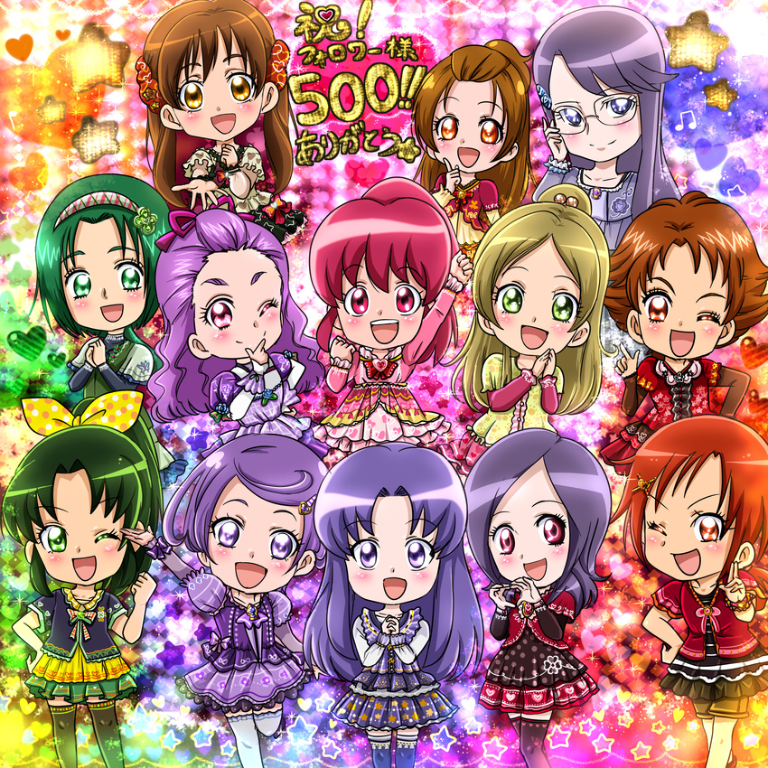 :d ;d aino_megumi akimoto_komachi black_hair blouse blush bow brown_hair color_connection colorful dokidoki!_precure dress fighiro fresh_precure! glasses green_eyes green_hair hair_bun hair_color_connection hair_ornament hairband hairclip happinesscharge_precure! heartcatch_precure! higashi_setsuna highres hikawa_iona hino_akane_(smile_precure!) kenzaki_makoto madoka_aguri midorikawa_nao milk_(yes!_precure_5) mimino_kurumi minamino_kanade multicolored multicolored_background multiple_girls natsuki_rin one_eye_closed open_mouth precure precure_all_stars precure_all_stars_new_stage:_mirai_no_tomodachi purple_eyes purple_hair red_eyes red_hair sakagami_ayumi skirt smile smile_precure! suite_precure sweat thighhighs tsukikage_yuri twintails yellow_eyes yes!_precure_5 yes!_precure_5_gogo!