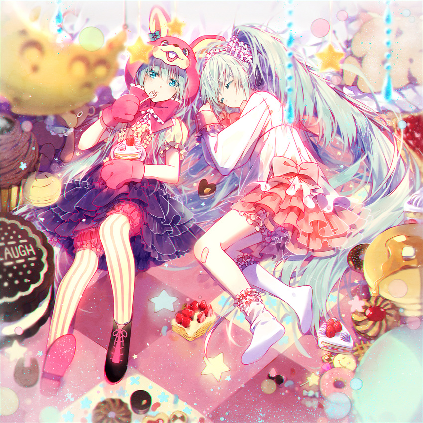 aqua_eyes bandaid bandaid_on_knee blue_eyes blue_hair bow cake closed_eyes cupcake doughnut english food fork fruit gloves hakusai_(tiahszld) hatsune_miku heart highres long_hair lots_of_laugh_(vocaloid) multiple_girls no_shoes pancake paw_gloves paws plate scrunchie shoes skirt sleeping slice_of_cake socks stack_of_pancakes star strawberry strawberry_shortcake striped striped_legwear sweets thighhighs twintails vertical-striped_legwear vertical_stripes very_long_hair vocaloid