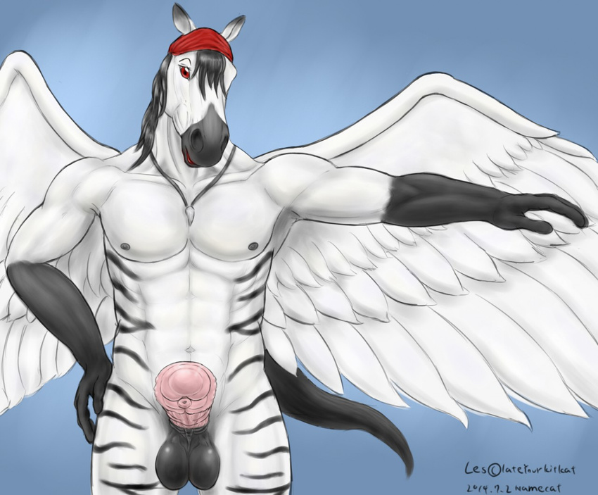 abs anthro balls big_balls cock_pointing_towards_viewer equine erection feathers fur hair headgear hi_res horse long_hair looking_at_viewer male mammal muscles namecat navel necklace nipples nude pecs pegasus penis solo thick_penis wings