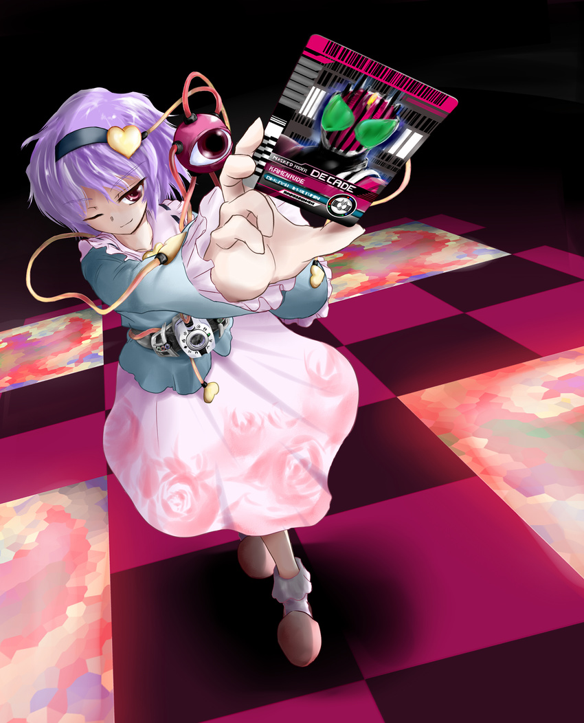 absurdres belt card hairband heart highres holding holding_card kamen_rider kamen_rider_dcd kamen_rider_decade kazami_shirou_(kaizou-zumi) komeiji_satori one_eye_closed purple_hair red_eyes short_hair skirt slippers smile solo third_eye touhou