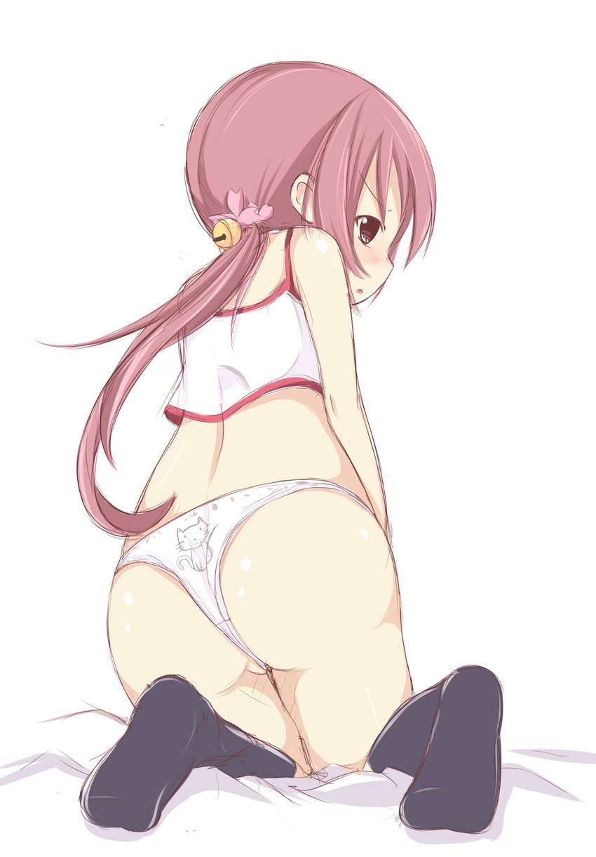 :o akebono_(kantai_collection) animal_print ass bad_id bad_pixiv_id bell black_legwear brown_eyes brown_hair camisole cat_panties cat_print flower from_behind hair_bell hair_flower hair_ornament highres jingle_bell kantai_collection kneehighs kneeling long_hair looking_at_viewer looking_back panties print_panties red_hair sakuraba_hikaru_(loveindog) side_ponytail simple_background solo underwear underwear_only white_background white_panties