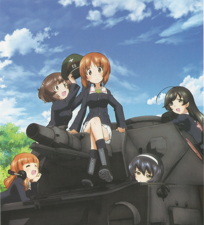 absurdres ahoge akiyama_yukari anglerfish black_hair black_legwear blush boots brown_eyes brown_hair closed_eyes cloud day emblem girls_und_panzer ground_vehicle hairband hat headphones headphones_around_neck highres isuzu_hana leaning_forward long_hair looking_at_viewer messy_hair michael_wittmann military military_hat military_uniform military_vehicle miniskirt motor_vehicle multiple_girls nishizumi_miho official_art on_vehicle ooarai_military_uniform open_mouth orange_eyes orange_hair outdoors panzerkampfwagen_iv peaked_cap pleated_skirt reizei_mako scan short_hair sitting skirt sky smile socks sugimoto_isao takebe_saori tank throat_microphone uniform