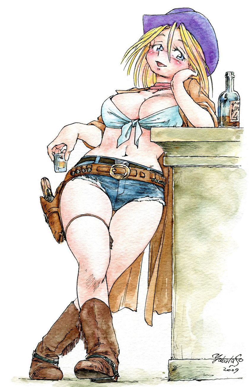 absurdres alcohol arm_support bangs bar blonde_hair blue_eyes blush boots breasts chin_rest cleavage cowboy_boots cowboy_hat crossed_legs cutoffs denim denim_shorts ellie_winslet front-tie_top full_body gun handgun hat highres holster large_breasts long_coat long_hair midriff navel neckerchief original revolver shirt short_hair shorts signature smile solo standing tied_shirt weapon western whiskey yabataso