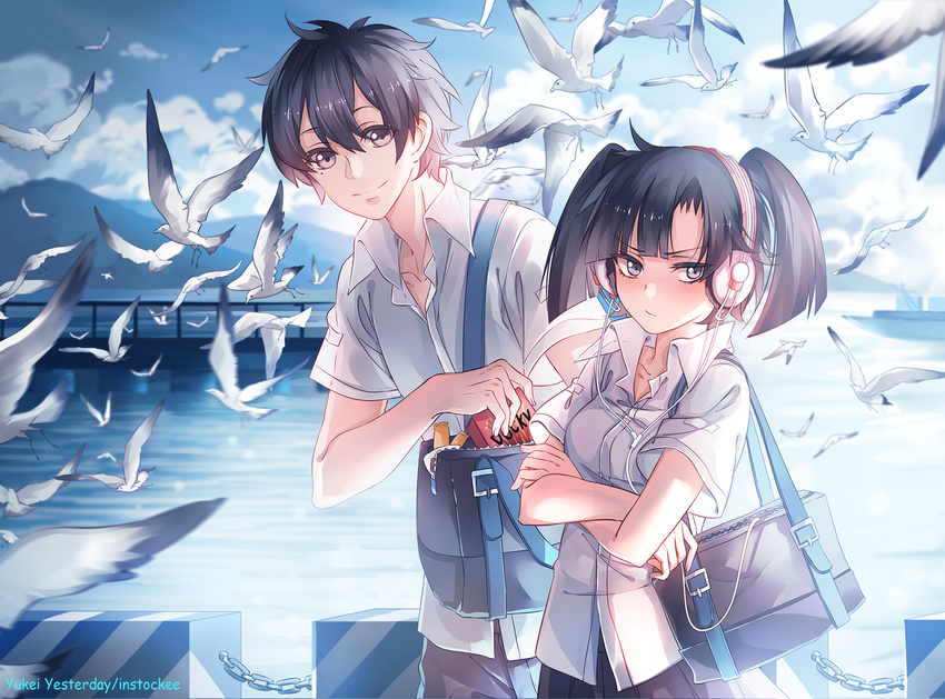 1girl bird black_hair enomoto_takane headphones instocklee kagerou_project kokonose_haruka long_hair md5_mismatch mole mole_under_eye ocean school_uniform seagull short_hair twintails