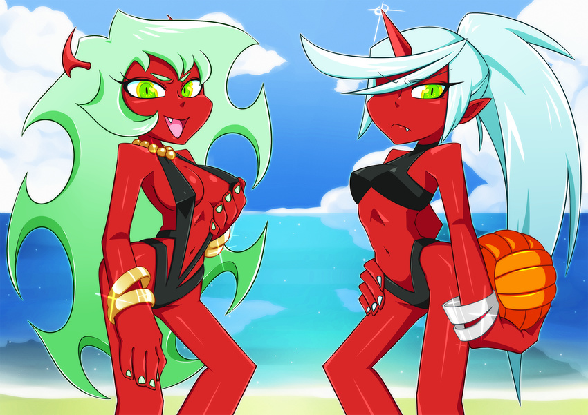 2girls beach bikini blue_hair bracelet breast_grab breasts cleavage curly_hair demon demon_girl erect_nipples fang female grabbing green_eyes green_hair highres horns jewelry kneesocks_(psg) ktullanyx long_hair looking_at_viewer lots_of_jewelry medium_breasts midriff multicolored_eyes multiple_girls nail_polish navel necklace no_glasses nyxon one_eye_covered panty_&amp;_stocking_with_garterbelt pointy_ears ponytail red_skin scanty_(psg) siblings sisters sling_bikini swimsuit volleyball yellow_eyes