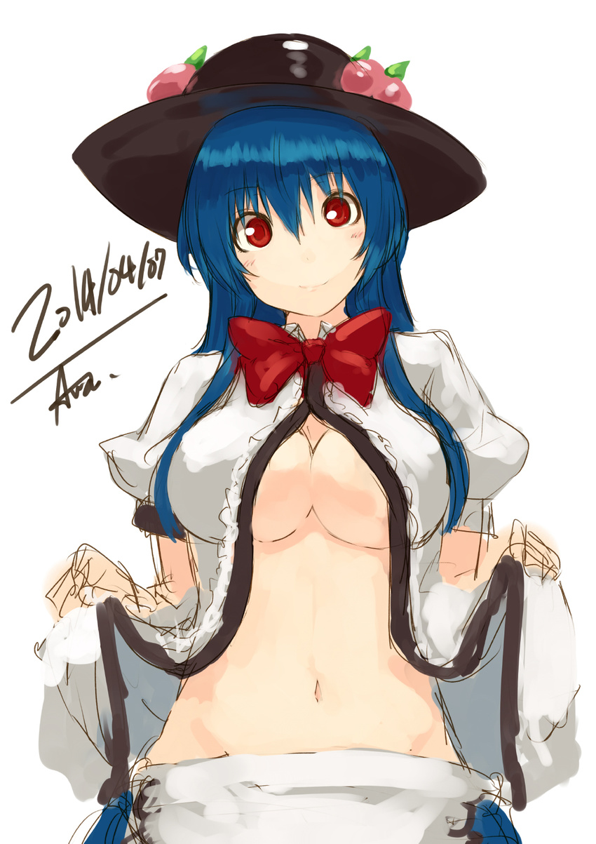 artist_name bad_id bad_pixiv_id blue_hair blush bow breasts dated hat highres hinanawi_tenshi houmatu_awa large_breasts long_hair looking_at_viewer navel no_bra open_clothes open_shirt red_eyes shirt sketch smile solo touhou white_background