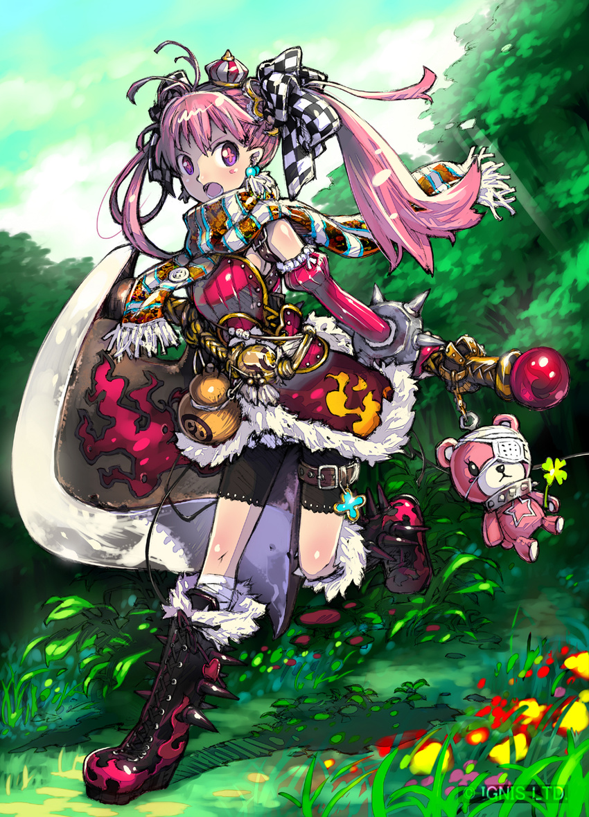 1girl :o ahoge armor armored_dress axe bad_id bad_pixiv_id blush boots bow checkered checkered_bow clover company_name cross-laced_footwear crown detached_sleeves earrings eyepatch four-leaf_clover full_body gourd hair_bow haku_(sabosoda) highres holding holding_axe huge_weapon jewelry knee_boots lace-up_boots long_hair mini_crown multicolored multicolored_clothes multicolored_scarf original pink_eyes pink_hair red_sleeves running scarf shinki_kakusei_melty_maiden shiny shiny_skin shorts shorts_under_skirt smile solo spikes striped striped_scarf stuffed_animal stuffed_toy symbol-shaped_pupils teddy_bear twintails weapon