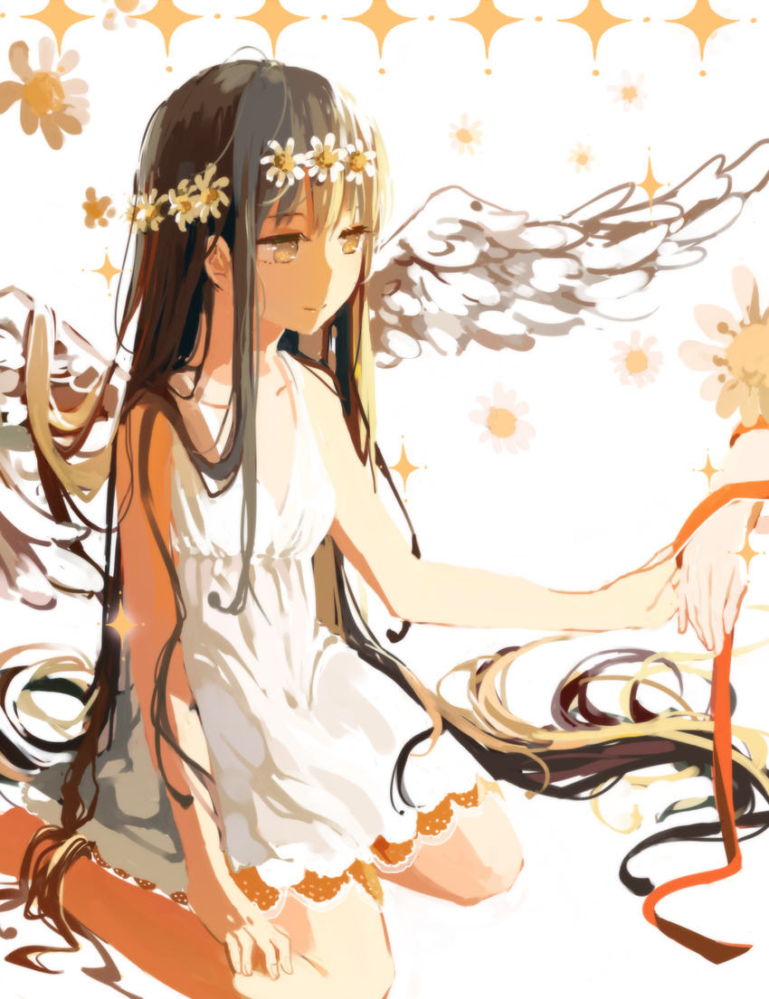 akemi_homura alternate_eye_color bad_id bad_pixiv_id black_hair dress feathered_wings flower hair_flower hair_ornament head_wreath highres holding_hands kaname_madoka long_hair looking_at_another mahou_shoujo_madoka_magica mahou_shoujo_madoka_magica_movie multiple_girls out_of_frame red_ribbon ribbon sitting smile very_long_hair white_dress wings yellow_eyes yuri zgxuke